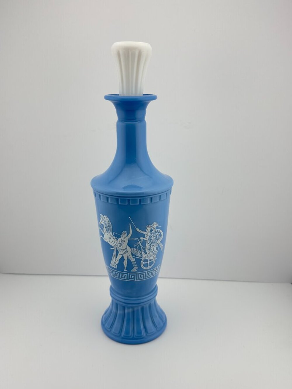 VTG Jim Beam Bourbon Glass Bottle Decanter Blue Wedgwood Stile Greek Motif Empty